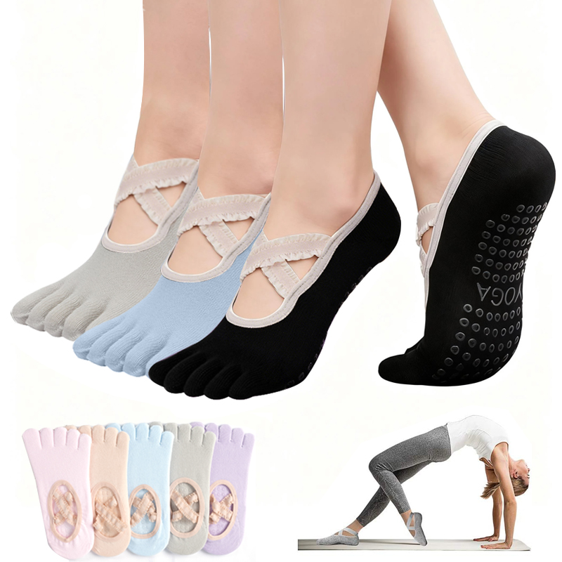 Pilates Yoga Studio - ถุงเท้าพิลาทิสกันลื่นสำหรับผู้หญิง ถุงเท้าโยคะแบบผูกเชือก ถุงเท้ากีฬาฟิตเนสระบายอากาศ ถุงเท้าบัลเลต์สำหรับสตูดิโอพิลาทิส