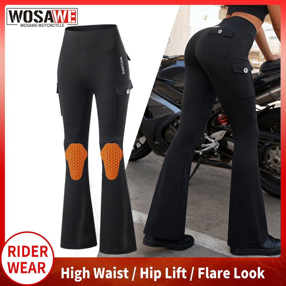 Pilates Yoga Knee Pads - กางเกงมอเตอร์ไซค์ทรงบูทคัทสำหรับผู้หญิง WOSAWE พร้อมแผ่นรองเข่าแบบถอดได้ แฟชั่นมอเตอร์ไซค์ สตรีทแวร์ โยคะ